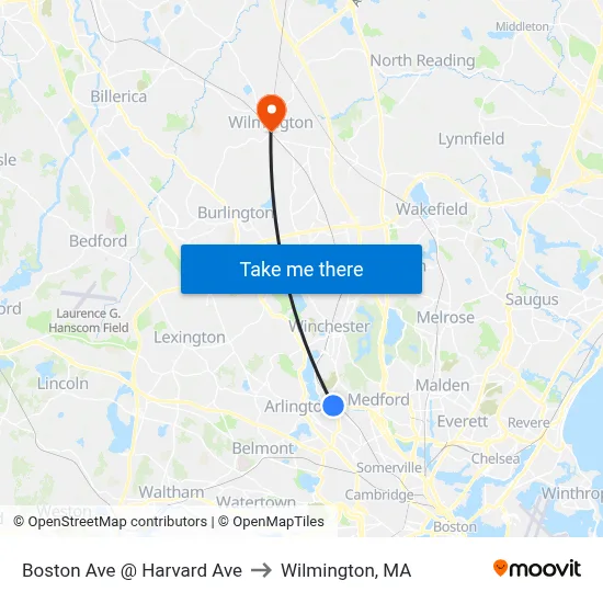 Boston Ave @ Harvard Ave to Wilmington, MA map