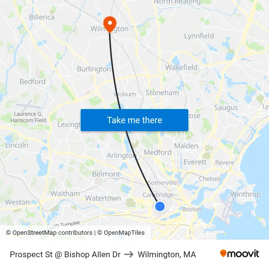 Prospect St @ Bishop Allen Dr to Wilmington, MA map