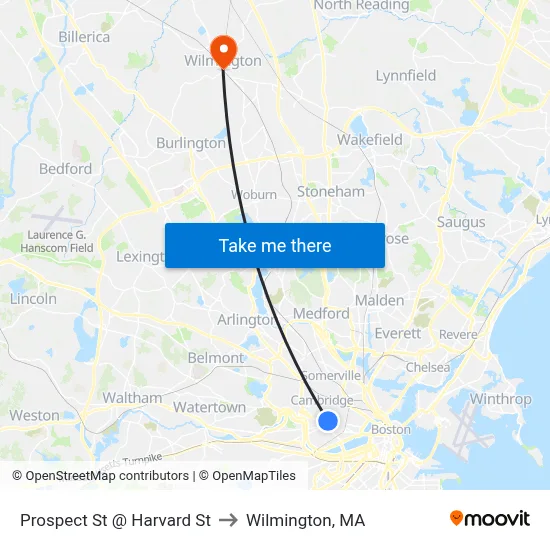 Prospect St @ Harvard St to Wilmington, MA map