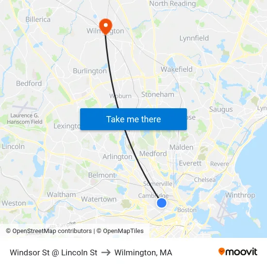 Windsor St @ Lincoln St to Wilmington, MA map
