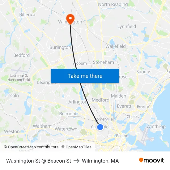 Washington St @ Beacon St to Wilmington, MA map