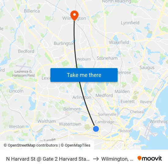 N Harvard St @ Gate 2 Harvard Stadium to Wilmington, MA map