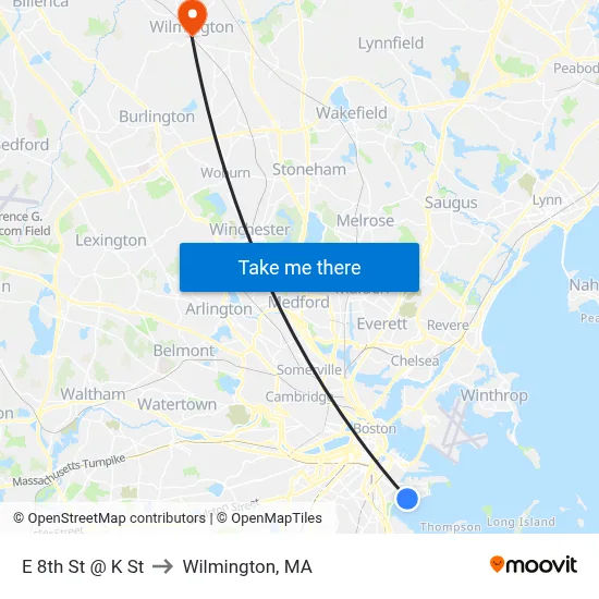 E 8th St @ K St to Wilmington, MA map