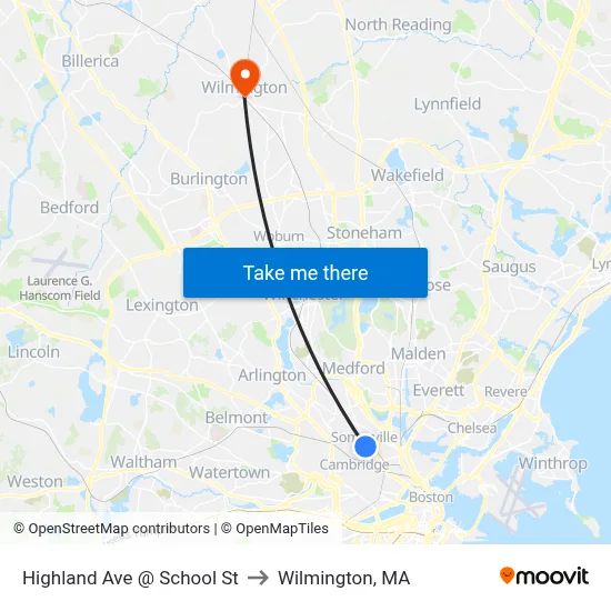 Highland Ave @ School St to Wilmington, MA map