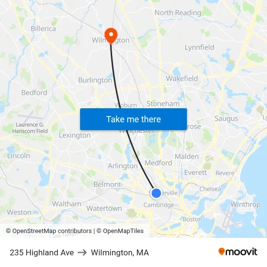 235 Highland Ave to Wilmington, MA map