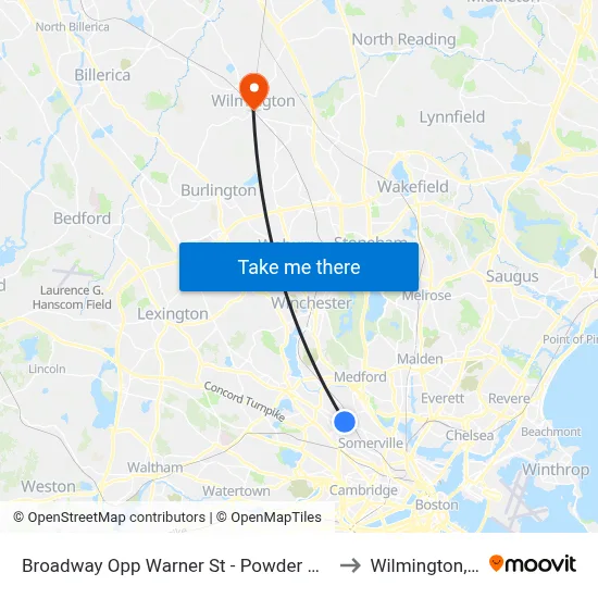 Broadway Opp Warner St - Powder House Sq to Wilmington, MA map