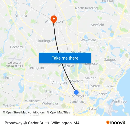 Broadway @ Cedar St to Wilmington, MA map