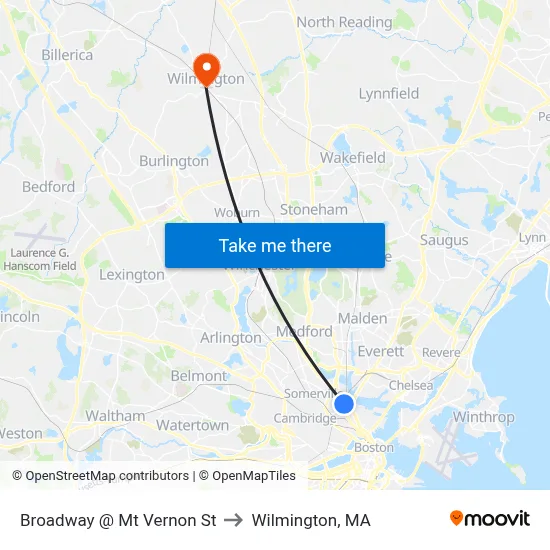 Broadway @ Mt Vernon St to Wilmington, MA map