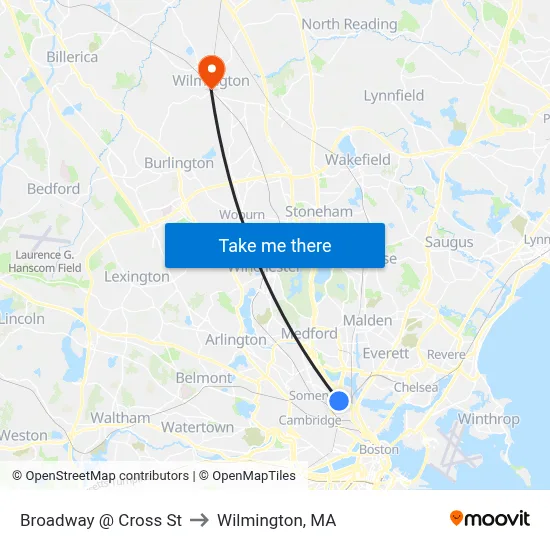 Broadway @ Cross St to Wilmington, MA map