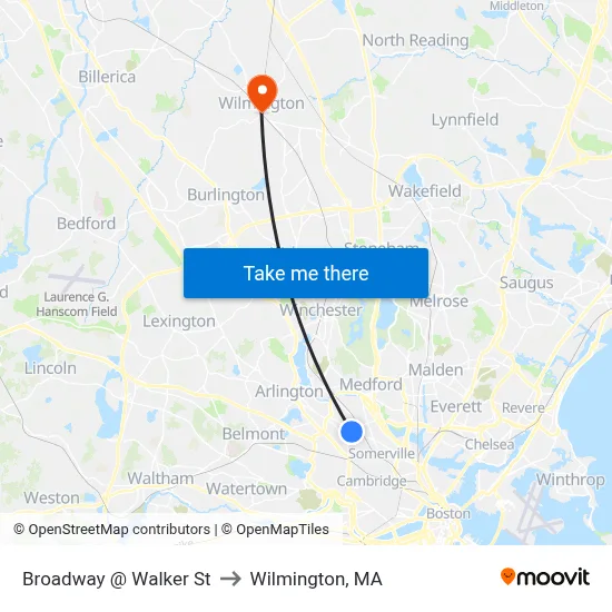 Broadway @ Walker St to Wilmington, MA map