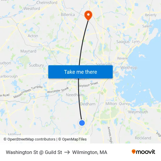 Washington St @ Guild St to Wilmington, MA map