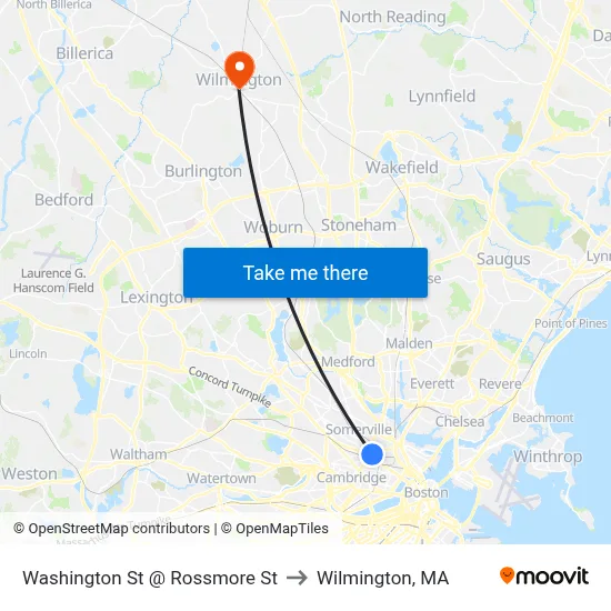 Washington St @ Rossmore St to Wilmington, MA map