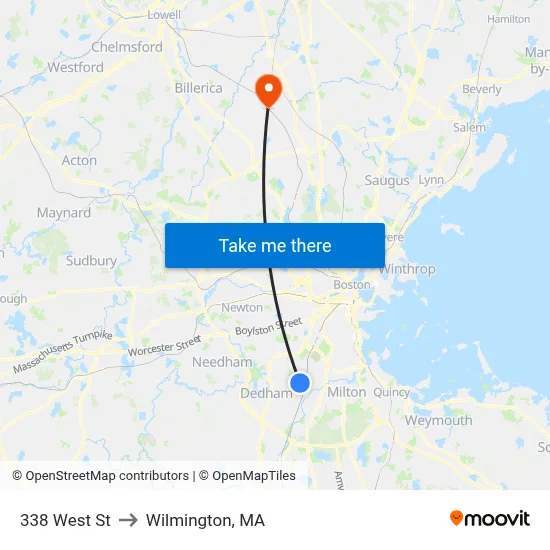 338 West St to Wilmington, MA map