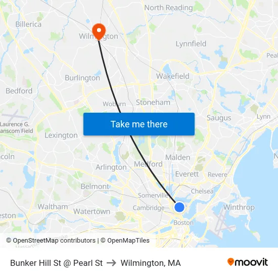Bunker Hill St @ Pearl St to Wilmington, MA map