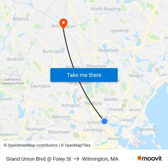 Grand Union Blvd @ Foley St to Wilmington, MA map
