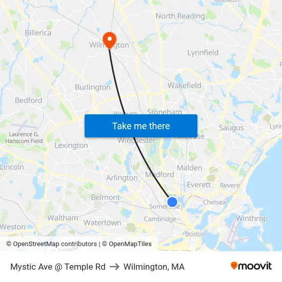 Mystic Ave @ Temple Rd to Wilmington, MA map
