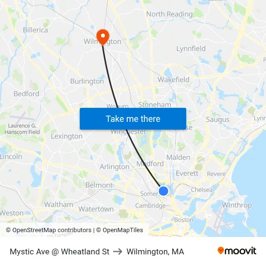 Mystic Ave @ Wheatland St to Wilmington, MA map
