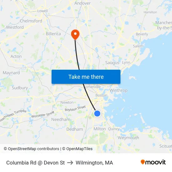 Columbia Rd @ Devon St to Wilmington, MA map