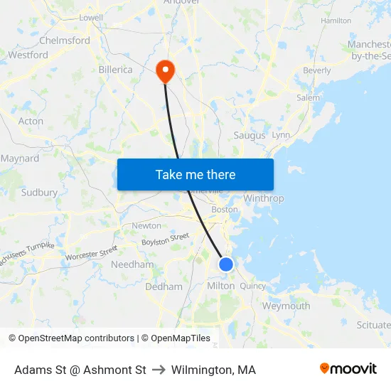 Adams St @ Ashmont St to Wilmington, MA map