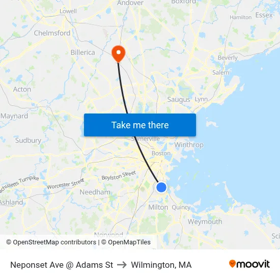 Neponset Ave @ Adams St to Wilmington, MA map