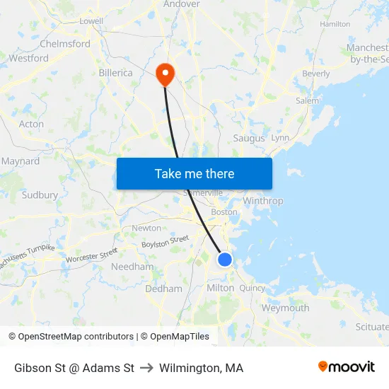 Gibson St @ Adams St to Wilmington, MA map