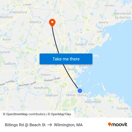 Billings Rd @ Beach St to Wilmington, MA map