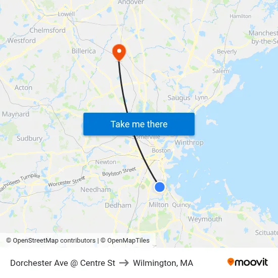 Dorchester Ave @ Centre St to Wilmington, MA map