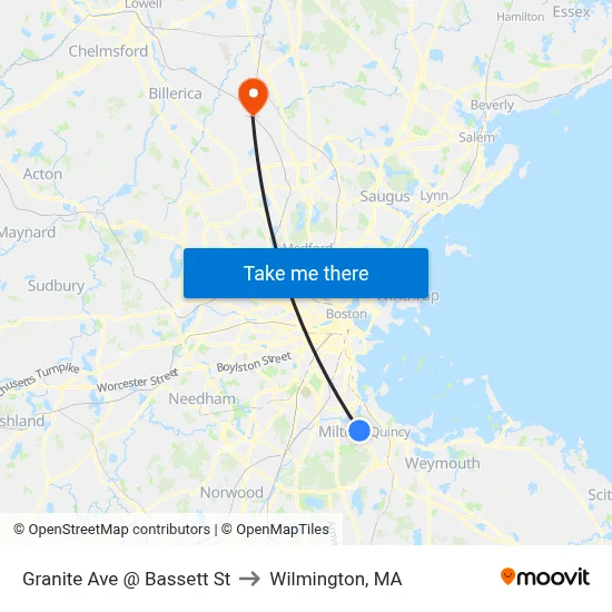 Granite Ave @ Bassett St to Wilmington, MA map
