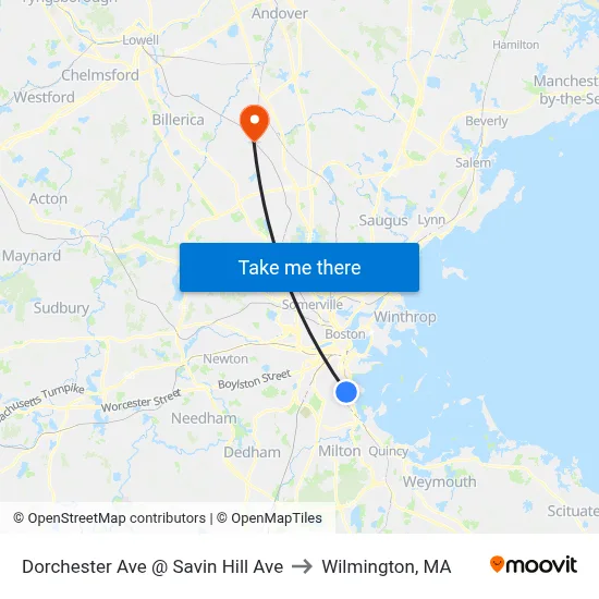 Dorchester Ave @ Savin Hill Ave to Wilmington, MA map