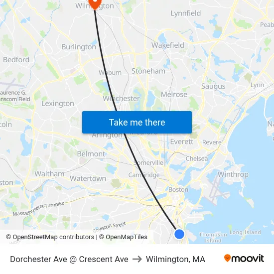 Dorchester Ave @ Crescent Ave to Wilmington, MA map