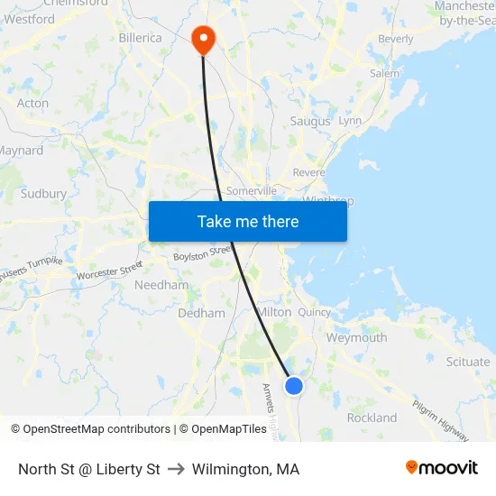 North St @ Liberty St to Wilmington, MA map