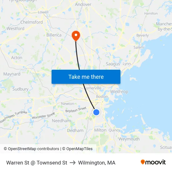 Warren St @ Townsend St to Wilmington, MA map