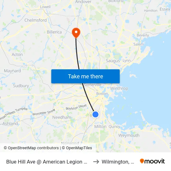 Blue Hill Ave @ American Legion Hwy to Wilmington, MA map