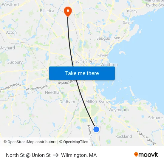 North St @ Union St to Wilmington, MA map