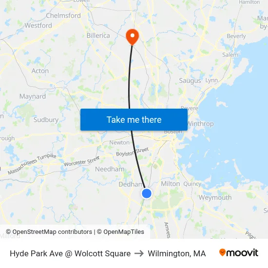 Hyde Park Ave @ Wolcott Square to Wilmington, MA map