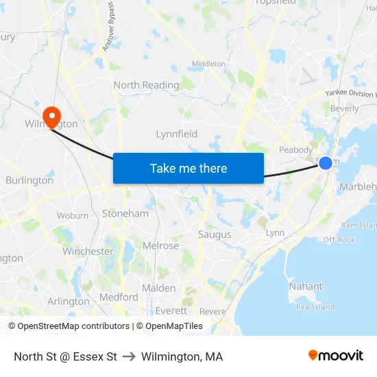 North St @ Essex St to Wilmington, MA map