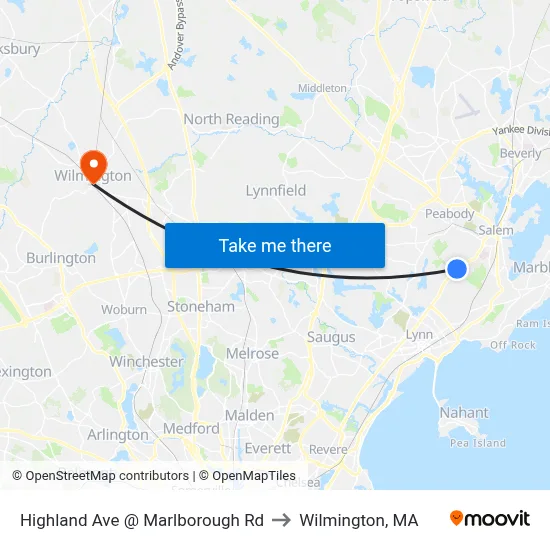 Highland Ave @ Marlborough Rd to Wilmington, MA map