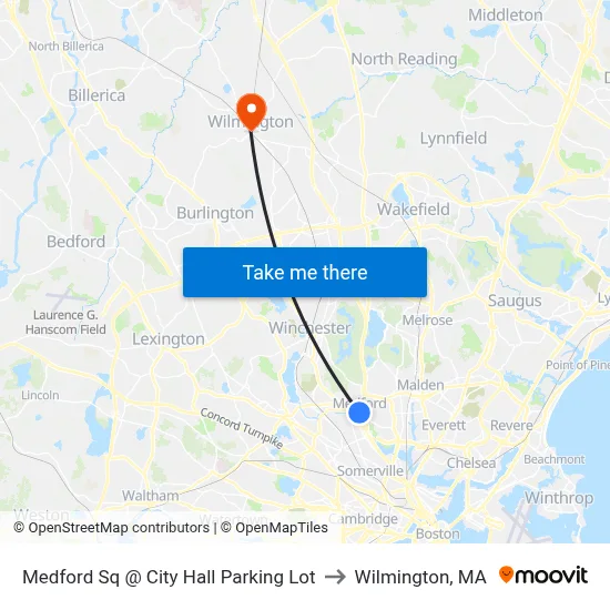 Medford Sq @ City Hall Parking Lot to Wilmington, MA map