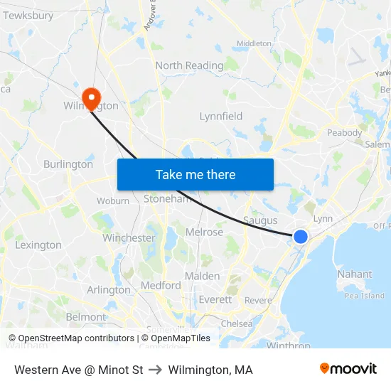 Western Ave @ Minot St to Wilmington, MA map