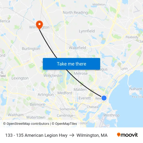 133 - 135 American Legion Hwy to Wilmington, MA map