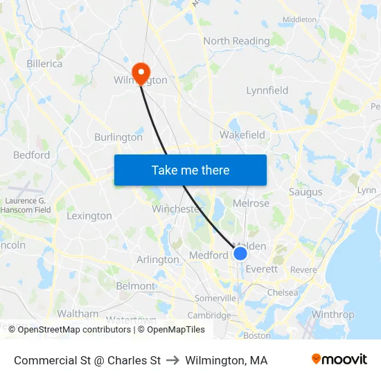 Commercial St @ Charles St to Wilmington, MA map