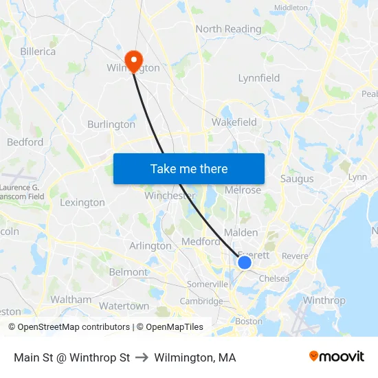 Main St @ Winthrop St to Wilmington, MA map