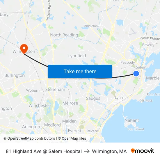 81 Highland Ave @ Salem Hospital to Wilmington, MA map