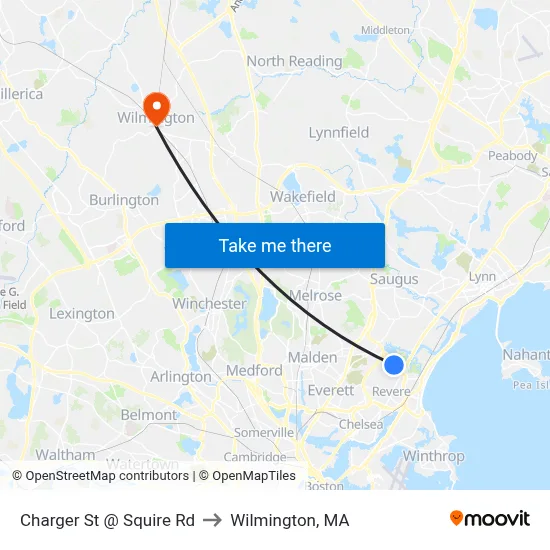 Charger St @ Squire Rd to Wilmington, MA map