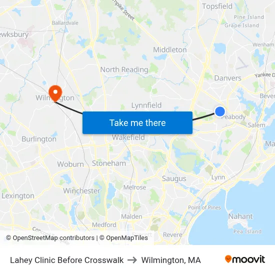 Lahey Clinic Before Crosswalk to Wilmington, MA map