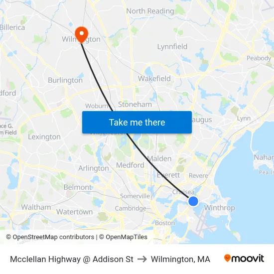 Mcclellan Highway @ Addison St to Wilmington, MA map