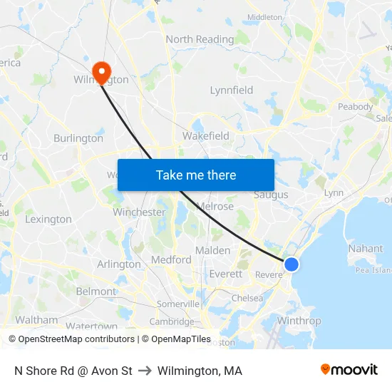 N Shore Rd @ Avon St to Wilmington, MA map