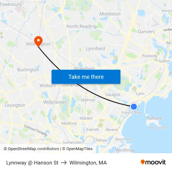 Lynnway @ Hanson St to Wilmington, MA map