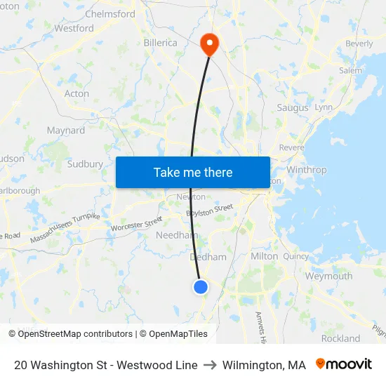 20 Washington St - Westwood Line to Wilmington, MA map