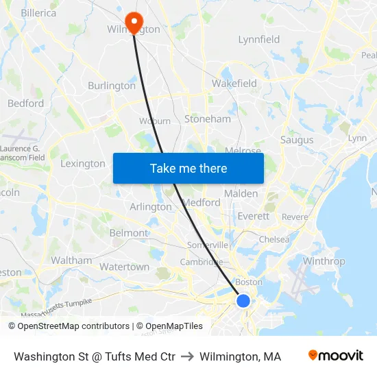 Washington St @ Tufts Med Ctr to Wilmington, MA map